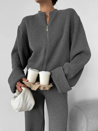 Tornova Women's Elegant Knit Two-Piece Set – Zipper Jacket & Wide-Leg Pants Casual Outfit