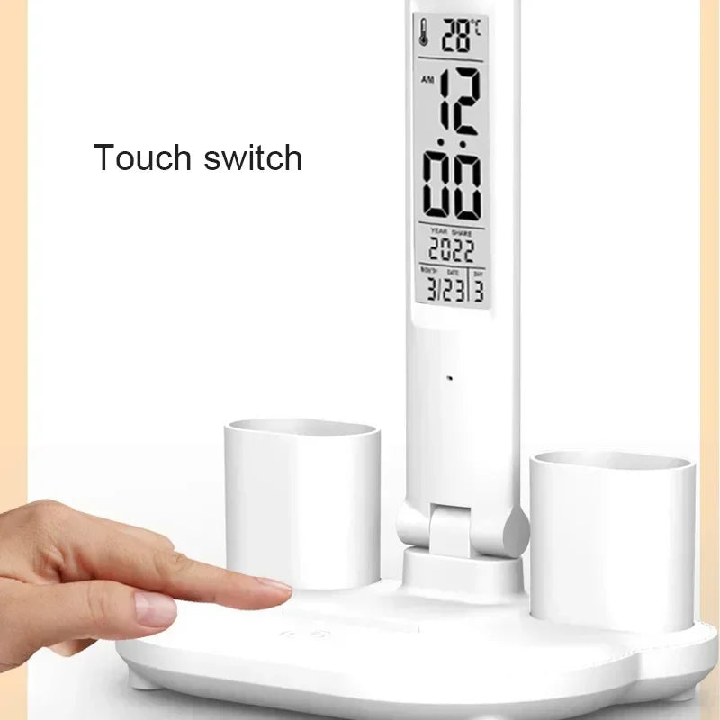 Foldable LED Table Lamp with Touch Dimming, USB Charging, Clock, Temperature Display &amp; Night Light – Ideal for Study &amp; Reading