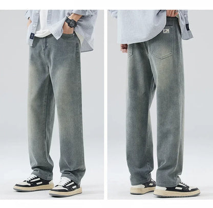 Vintage Men’s Baggy Jeans – Korean Style Starry Sky Fabric, Straight Fit Casual Denim Trousers, High Street Personalized Pants