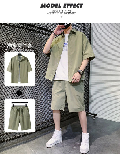 2025 Trendy Korean-Style Men's Summer Outfit – Casual Two-Piece Set Featuring Short Sleeve Shirt &amp; Matching Shorts, Stylish High Street Look for Daily &amp; Streetwear Fashion