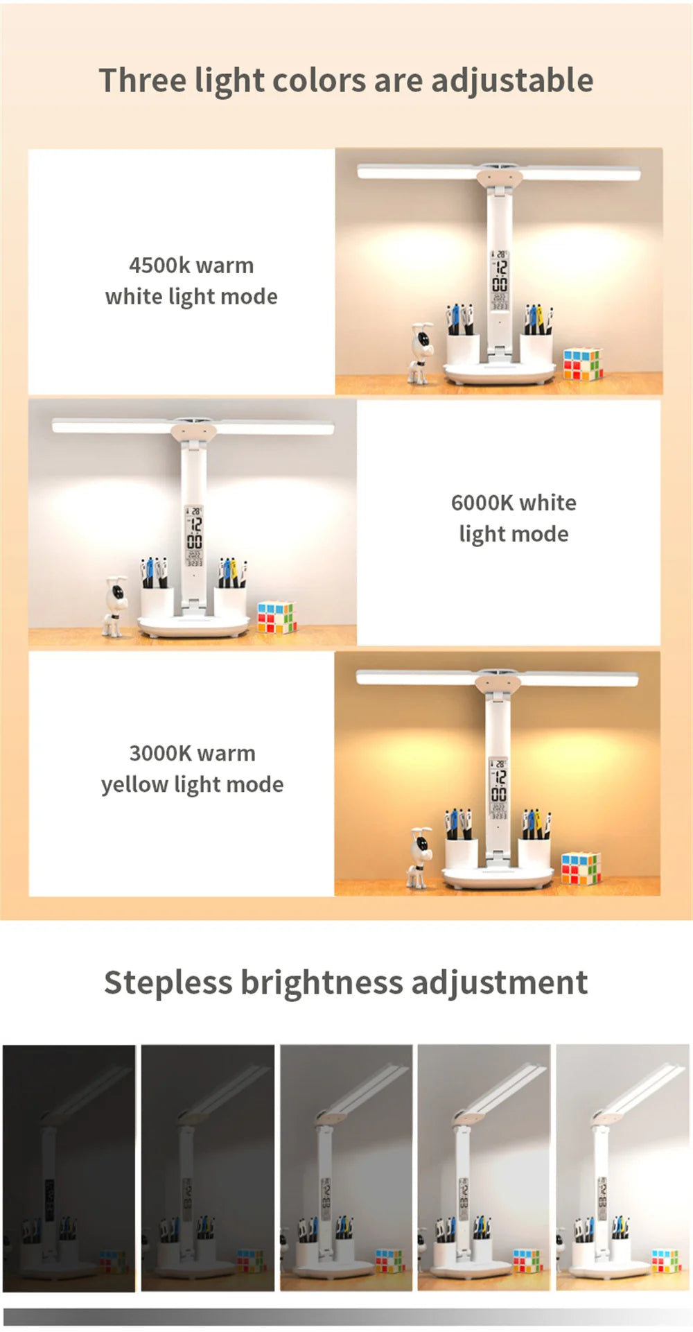 Foldable LED Table Lamp with Touch Dimming, USB Charging, Clock, Temperature Display &amp; Night Light – Ideal for Study &amp; Reading