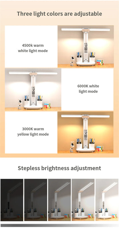 Foldable LED Table Lamp with Touch Dimming, USB Charging, Clock, Temperature Display &amp; Night Light – Ideal for Study &amp; Reading