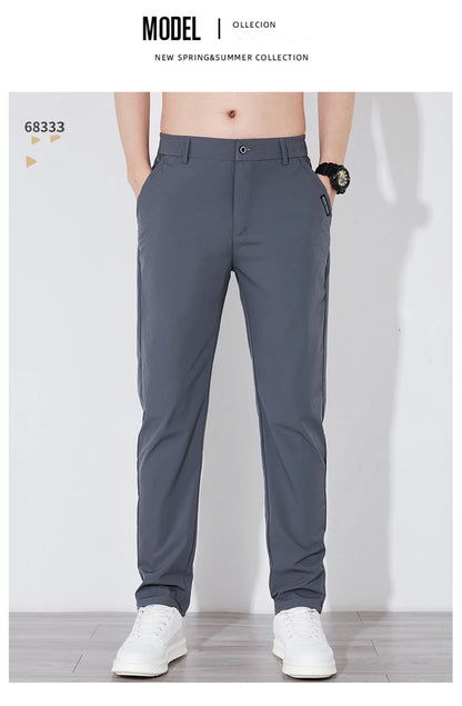 Men's Summer Silk-Feel Stretch Trousers – Lightweight Classic Business Casual Pants with Elastic Waist – Korean Style Smooth Suit Pants in Black or Gray