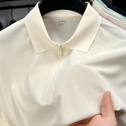 Men’s Slim Fit Half-Zip Polo Shirt – Light Beige Stretch Cotton Casual Top with Classic Collar