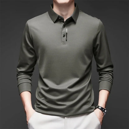 Men's Long Sleeve Polo Shirt – Solid Color, Business Casual, Stylish & Breathable Shirt with Badge Design