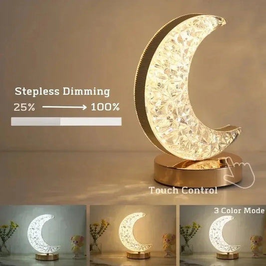 Rechargeable Crystal Touch Dimmable Night Lamp for Bedroom, Girls’ Room, USB LED Ambient Table Light with 3D Moon Design