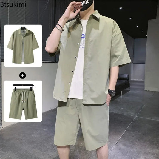 2025 Trendy Korean-Style Men's Summer Outfit – Casual Two-Piece Set Featuring Short Sleeve Shirt &amp; Matching Shorts, Stylish High Street Look for Daily &amp; Streetwear Fashion