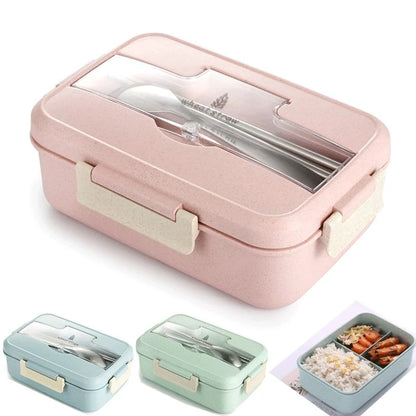 Microwaveable Bento Lunch Box with Spoon & Chopsticks – Wheat Straw Food Container for Kids, School & Office