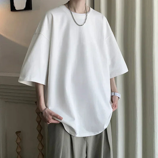 Men’s Oversized White Cotton T-Shirt – Solid Color Summer Casual Fashion Tee, Size up to 5XL