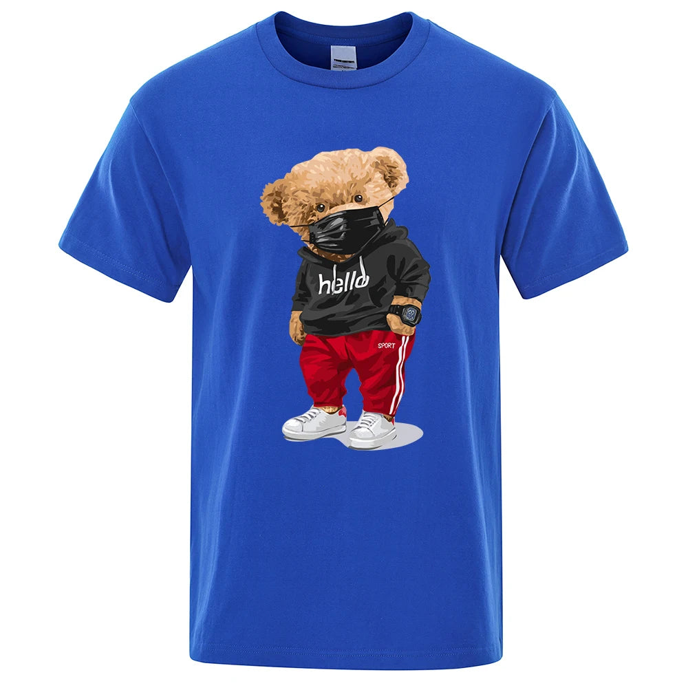 Bear Print Cotton Oversized Short-Sleeve Sports T-Shirt for Men – Casual Summer Half-Sleeve Tee, Sizes S-XXXL