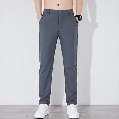 Men's Summer Silk-Feel Stretch Trousers – Lightweight Classic Business Casual Pants with Elastic Waist – Korean Style Smooth Suit Pants in Black or Gray