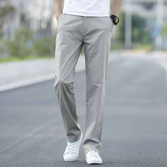 Men's Summer Lightweight Stretch Chino Pants – Loose Fit Cotton Trousers in Khaki, Blue, and Black – Plus Sizes 42 &amp; 44