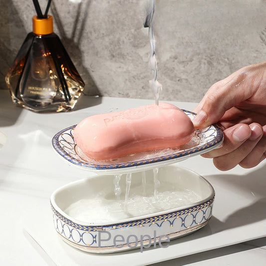 Luxury Ceramic Soap Dish with Irregular Stripes and Perforated Drainage – Household Bathroom Accessory with Washstand Gargle Cup