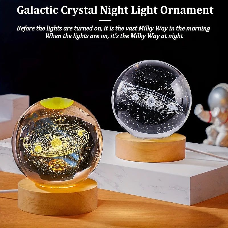 USB Rechargeable 3D Crystal Ball LED Night Light with Laser-Engraved Solar System Globe – Astronomy-Themed Birthday Gift for Bedroom and Home Desk Decoration