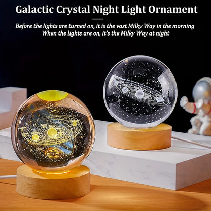 USB Rechargeable 3D Crystal Ball LED Night Light with Laser-Engraved Solar System Globe – Astronomy-Themed Birthday Gift for Bedroom and Home Desk Decoration