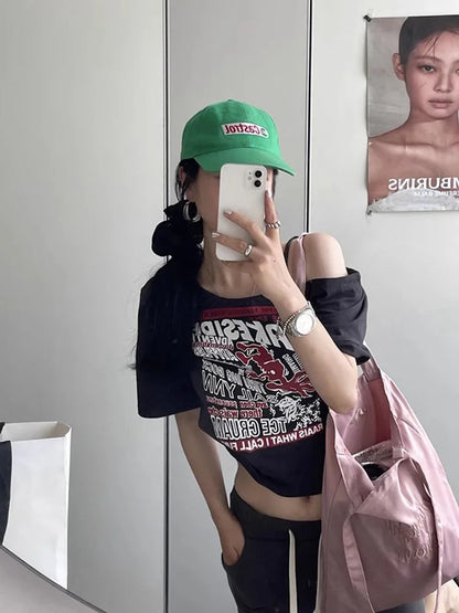 Y2K Off-Shoulder Gothic Crop Tee – Women's Letter Print Punk Streetwear Top, Grunge Aesthetic Harajuku Summer T-Shirt