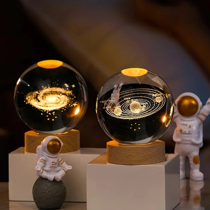 USB Rechargeable 3D Crystal Ball LED Night Light with Laser-Engraved Solar System Globe – Astronomy-Themed Birthday Gift for Bedroom and Home Desk Decoration