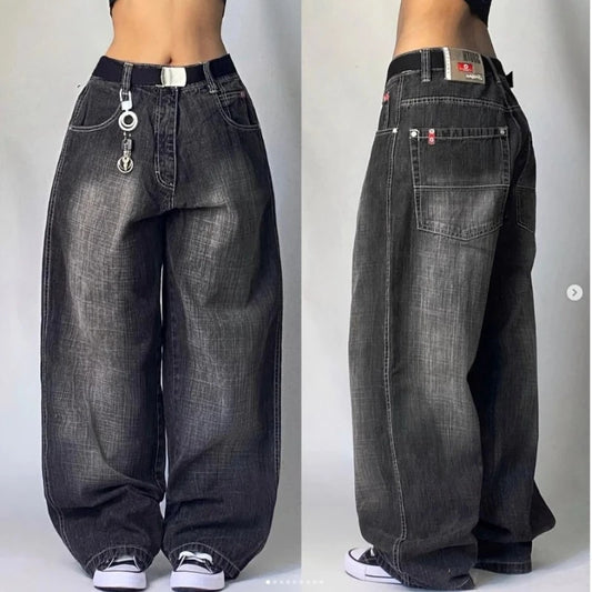 2024 Retro Y2K High-Waisted Straight-Leg Baggy Jeans for Women – Harajuku Street Style Washed Denim with Pockets