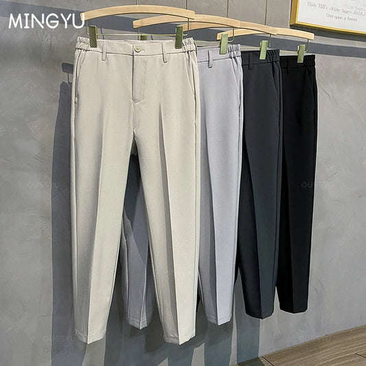 2025 Spring-Summer Men's Slim Fit Casual Business Jogger Pants with Elastic Waist, Available in Plus Sizes 40 and 42, Black