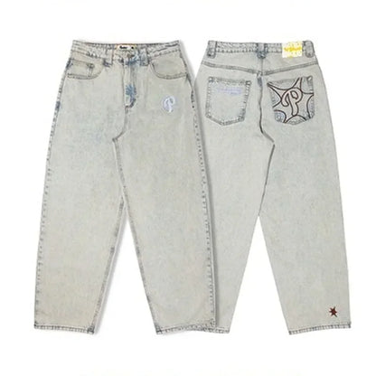 Streetwear PROTECT Embroidered Jeans for Men – Y2K Vintage Blue Baggy, High Waist, Wide Leg Harajuku Hip Hop Pants