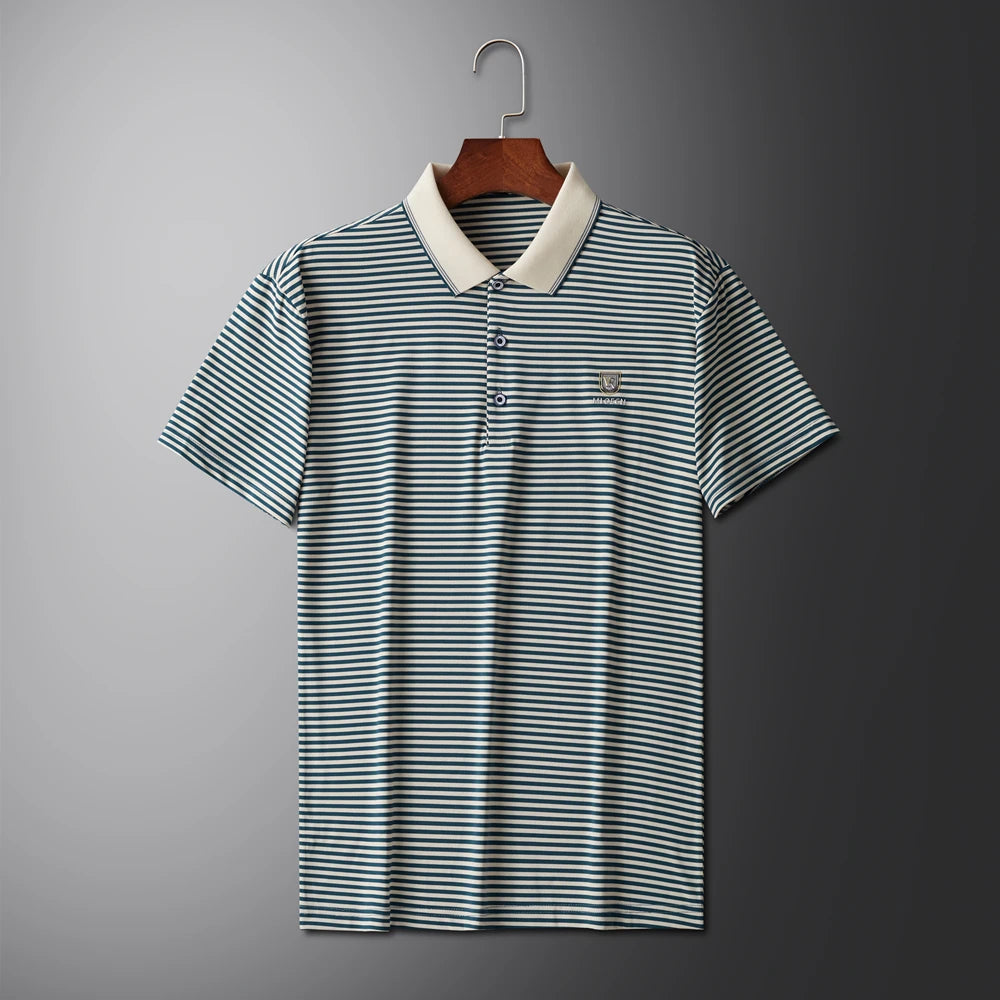 Premium Cotton Men's Summer Polo Shirt – 2024 Soft Short Sleeve Tee with Stripe Accents & Brand Badge Design