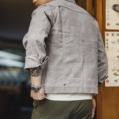 Maden Men's Vintage Grey Canvas Oil-Waxed Waterproof Hunting Jacket with Double Pleats and Patch Pockets for Autumn