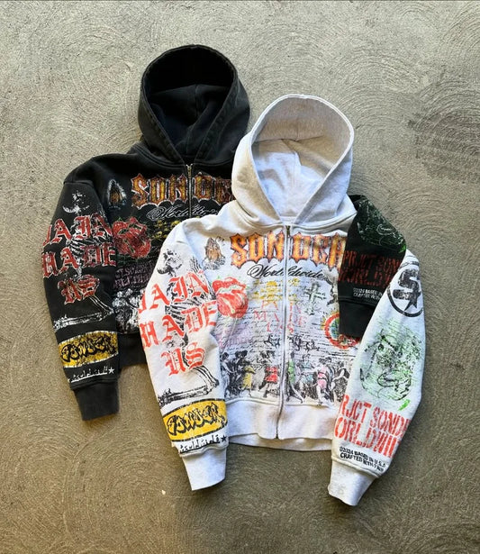 Y2K Vintage Goth Anime Zipper Hoodie – Unisex Oversized Dark Style Sweatshirt, American Streetwear
