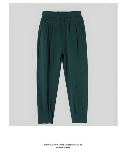 Men’s Spring & Summer Casual Solid Color Ice Silk Trousers — Korean Style Slim Ankle Pants with Zipper Detail, Smooth & Lightweight for a Handsome Look