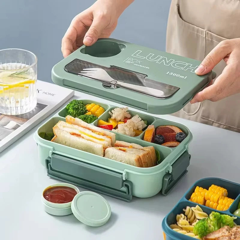 1300ML 4-Compartment Bento Lunch Box with Cutlery – Microwave & Dishwasher Safe, Leakproof Food Container for School, Work & Adults