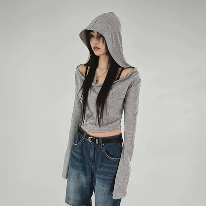 Y2K Aesthetic Women's Hooded Crop Top – Casual Streetwear Slim Fit Off-Shoulder Long Sleeve Tee with Grunge Style