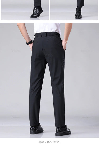 Men's Summer Classic Stretch Suit Trousers – Lightweight Business Casual Pants with Elastic Waist in Black, Gray, or Blue