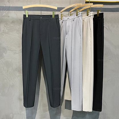 2025 Spring-Summer Men's Slim Fit Casual Business Jogger Pants with Elastic Waist, Available in Plus Sizes 40 and 42, Black