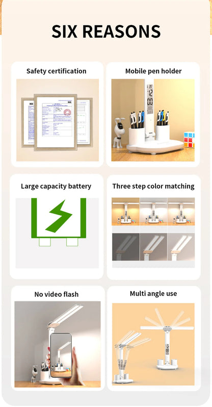 Foldable LED Table Lamp with Touch Dimming, USB Charging, Clock, Temperature Display &amp; Night Light – Ideal for Study &amp; Reading