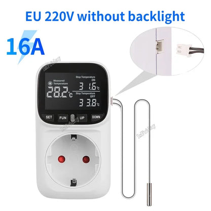 Smart Thermostat Plug with Temperature Control – 16A EU Socket, LCD Display, Timer & Sensor, 220V High-Precision