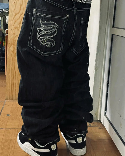 Streetwear PROTECT Embroidered Jeans for Men – Y2K Vintage Blue Baggy, High Waist, Wide Leg Harajuku Hip Hop Pants