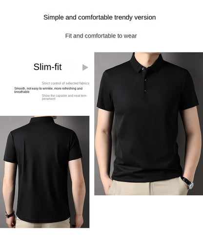 Luxury Summer Men’s Polo Shirt – Premium Plain Design with 4.7% Mulberry Silk, Short Sleeve, Lightweight Casual Fashion Top