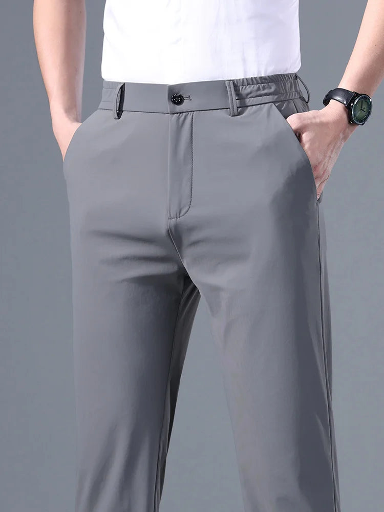 Men's Summer Classic Stretch Suit Trousers – Lightweight Business Casual Pants with Elastic Waist in Black, Gray, or Blue