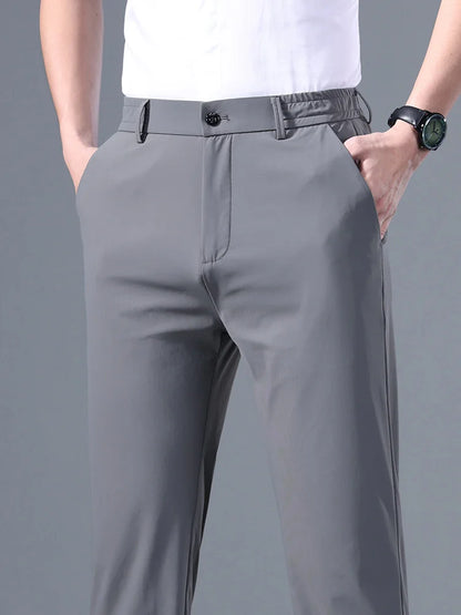 Men's Summer Classic Stretch Suit Trousers – Lightweight Business Casual Pants with Elastic Waist in Black, Gray, or Blue