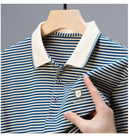 Premium Cotton Men's Summer Polo Shirt – 2024 Soft Short Sleeve Tee with Stripe Accents & Brand Badge Design