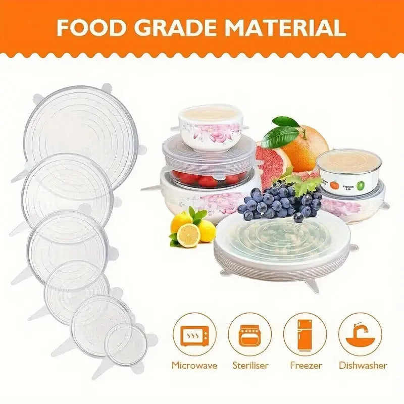 6pcs Reusable Silicone Food Covers – Stretchable Lids for Bowls, Fruits & Vegetables, Fresh-Keeping Kitchen Seal