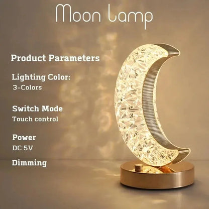 Rechargeable Crystal Touch Dimmable Night Lamp for Bedroom, Girls’ Room, USB LED Ambient Table Light with 3D Moon Design