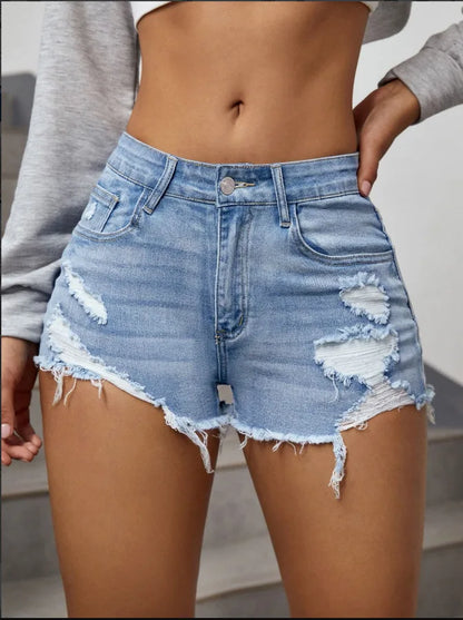 Women's Raw Hem Ripped Denim Shorts – High Waist A-Line Summer Streetwear Hot Pants, Sexy Skinny Retro Casual Style