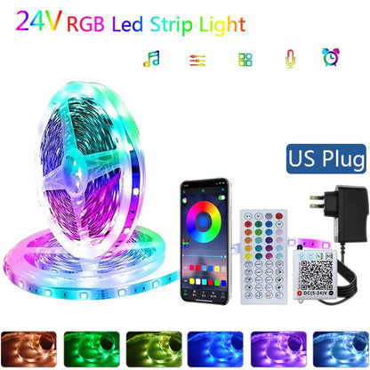 24V Music Sync RGB LED Strip Lights – 10m to 40m Flexible Light Strips for Bedroom, Room Decor, and TV Backlighting