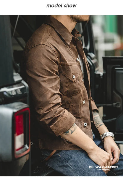 Maden Men's Retro Amekaji Style Oil-Waxed Canvas Jacket – Lightweight Military-Inspired Workwear Coat in Khaki Cotton for Casual and Safari Looks