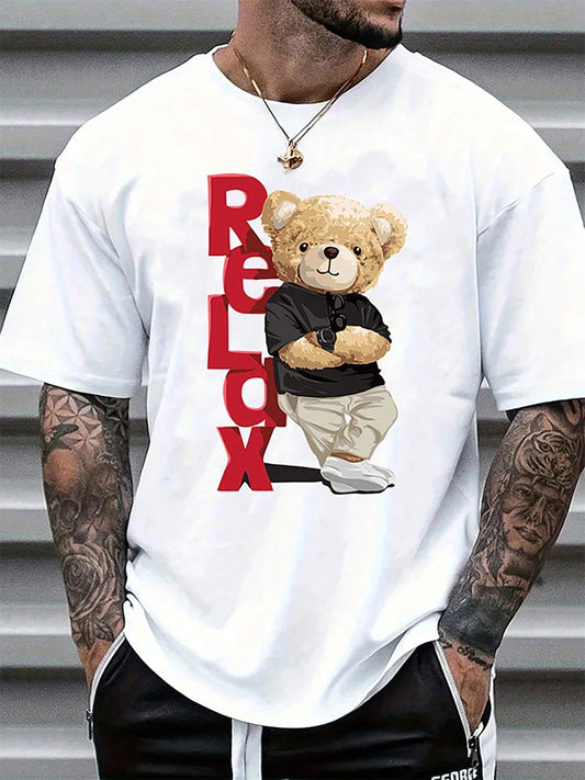 Men’s Summer Casual Loose Fit T-Shirt with Bear Letter Print, 100% Cotton, Round Neck, Short Sleeve, Plus Size Sports Tee