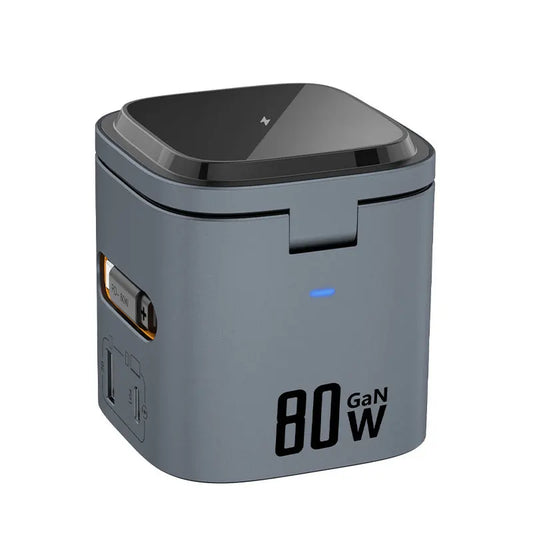 80W 6-in-1 GaN Fast Charger with Wireless Magnetic Adapter – Universal Multifunction Laptop Charging Hub (100-240V, 50/60Hz)