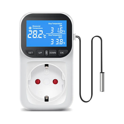 Smart Thermostat Plug with Temperature Control – 16A EU Socket, LCD Display, Timer & Sensor, 220V High-Precision