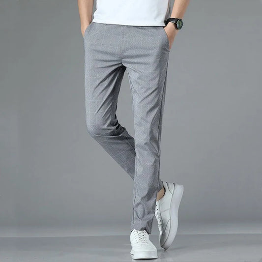 2025 Men's Formal Elastic Waist Straight-Leg Suit Pants – Business Casual Long Trousers in Solid Black and Grey