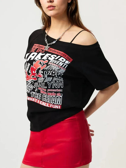 Y2K Off-Shoulder Gothic Crop Tee – Women's Letter Print Punk Streetwear Top, Grunge Aesthetic Harajuku Summer T-Shirt