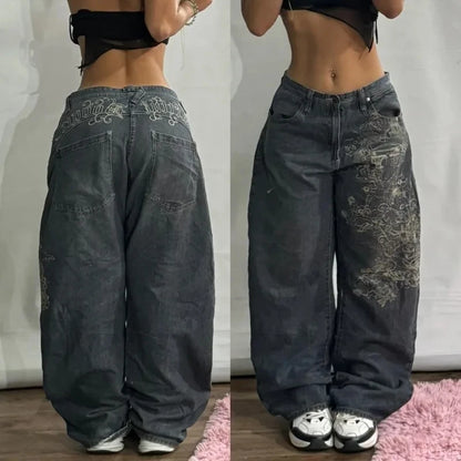 Men's Y2K Streetwear Washed Baggy Jeans – High Waist Wide-Leg Denim Pants in Retro Harajuku Punk Style